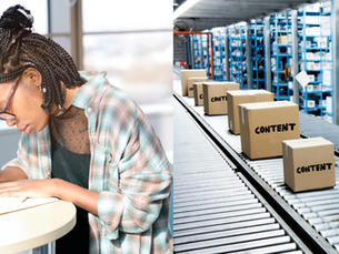 A split image of a woman being intention about her writing vs a conveyor belt showing boxes of content showing the way marketing has lost its humanity