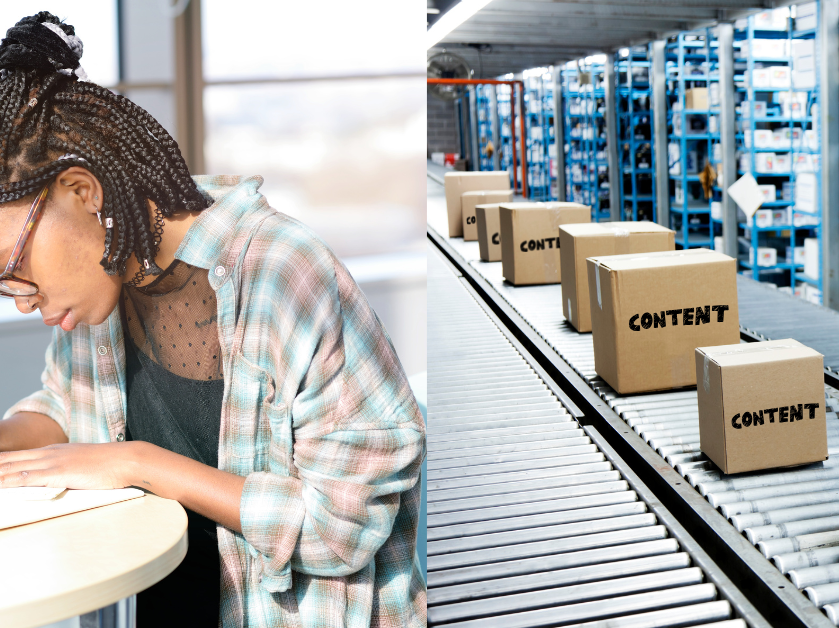 A split image of a woman being intention about her writing vs a conveyor belt showing boxes of content showing the way marketing has lost its humanity