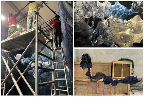 The final organic forms were created by dyeing the fabric in ombré shades of blue to introduce visual dynamism, then arranging the units suspended on a metal mesh. Compositions were tested from a distance, producing a floating, airy effect that explores structure, light, and spatial interaction.