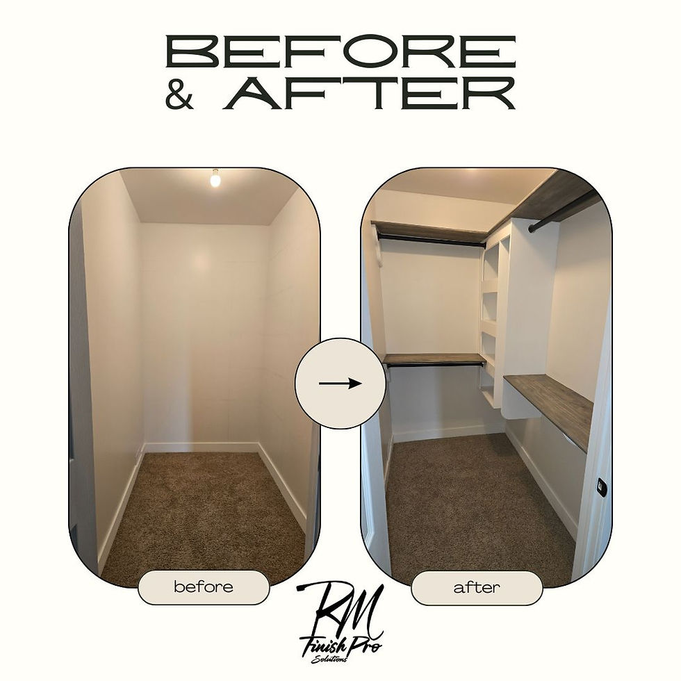 Before and after images of a closet renovation by RM FinishPro. The 'before' image shows an empty closet space with bare walls and carpeted flooring. The 'after' image displays a transformed custom closet with built-in shelving, a partition for longer hanging garments, and a custom corner shelving unit.