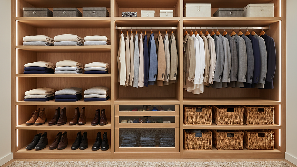 Eye-level view of a neatly organized closet with shelves and hanging clothes