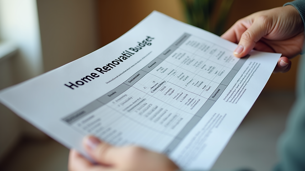 Close-up view of a contractor’s hands holding a detailed home renovation budget sheet