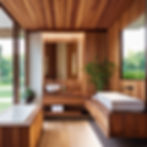 Modern bathroom with warm wooden paneling, floating vanity, and large windows offering natural light and a view of the outdoors. The space features a sleek sink, bathtub, and natural accents for a spa-like atmosphere.