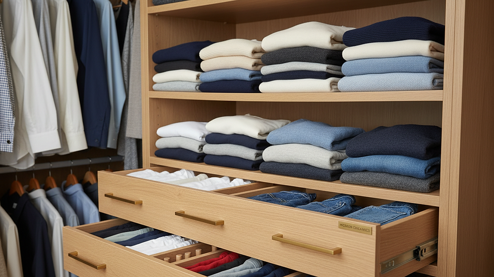 Close-up view of custom closet drawers and shelves with neatly folded clothes