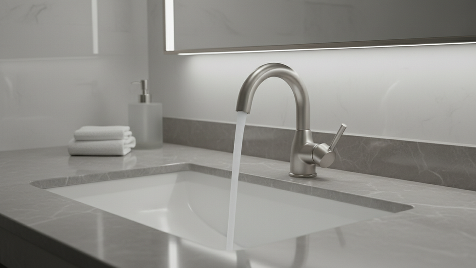 Close-up view of new bathroom faucet and sink installation