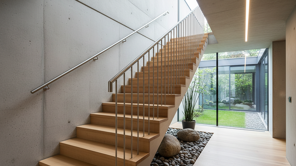 Eye-level view of modern wooden staircase with metal railing
