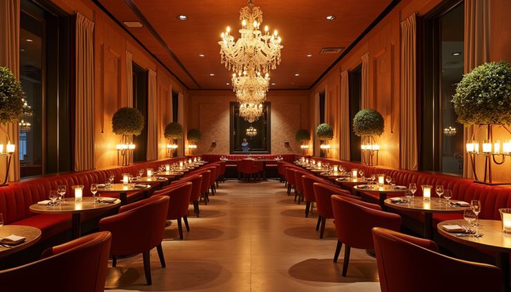 Eye-level view of a softly lit Atlanta event space with elegant table settings and cozy seating areas