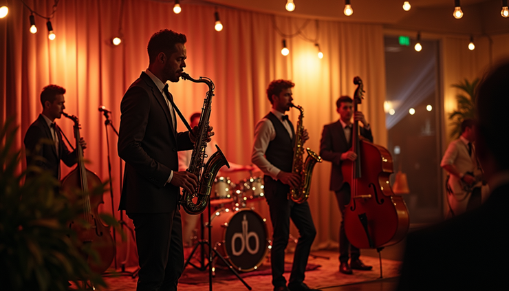 Eye-level view of a live jazz band performing in an elegant Houston venue