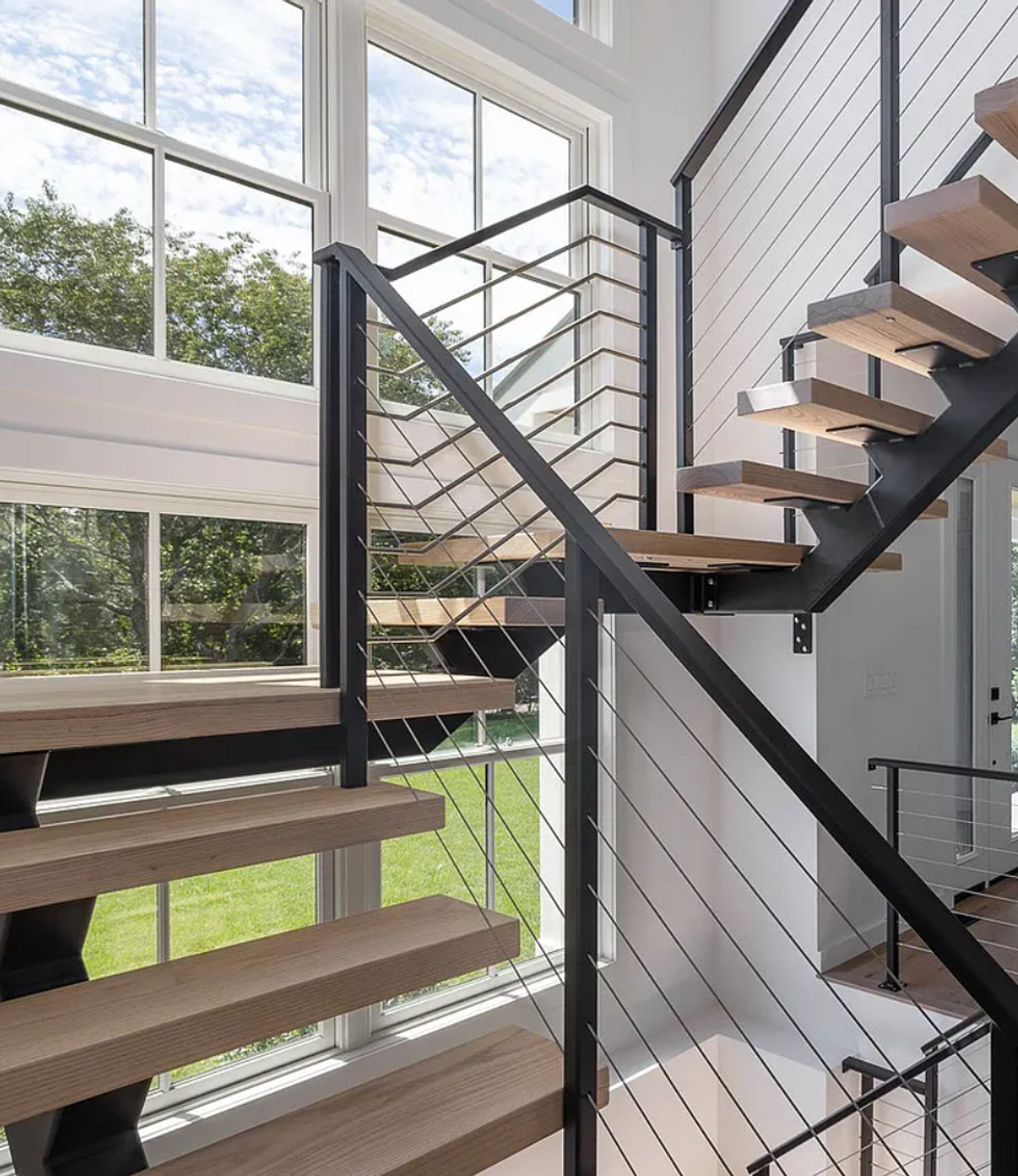 High End Construction Montauk Hamptons New York Luxury Home Design Builder Custom Ash Wood Plank Stair