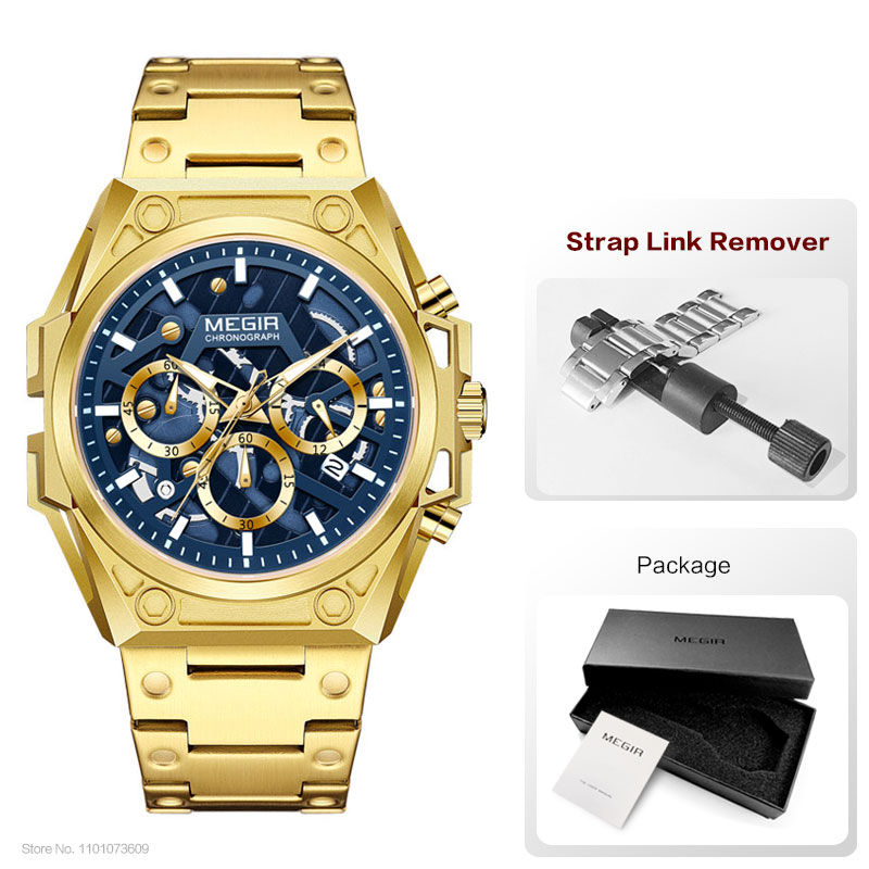 Thumbnail: MEGIR Luxury Gold Chronograph Watch for Men – Stainless Steel Waterproof Wristwa