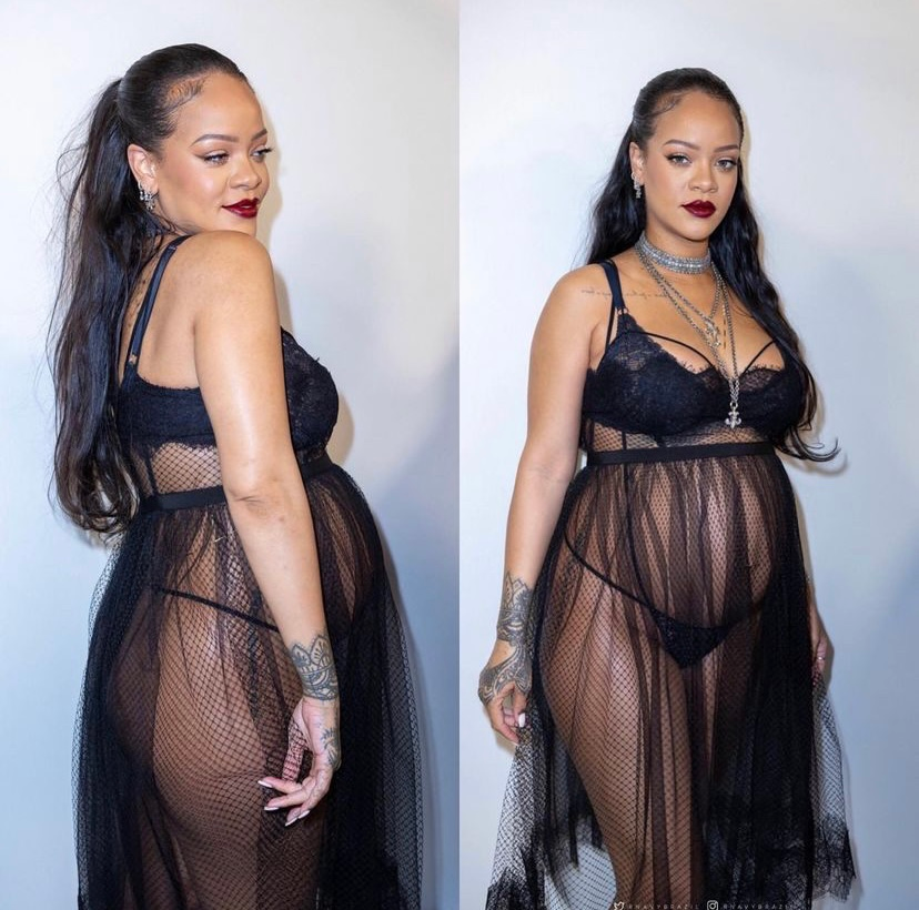 Image description: a two pictures montage of singer Rihanna. In the first image she appears in her back, looking to the side, wearing a baby doll transparent dress and a thong underneath while pregnant the second picture shows Rihanna looking straight to the picture, exhibiting the front of the outfit, completed with 2 chain chokers and 2 chain collars, hair half up and half down, three small earring, light make up on the eyes and Scarlett red lipstick