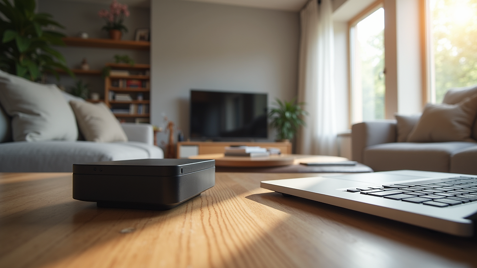 Eye-level view of a modern living room with smart home devices