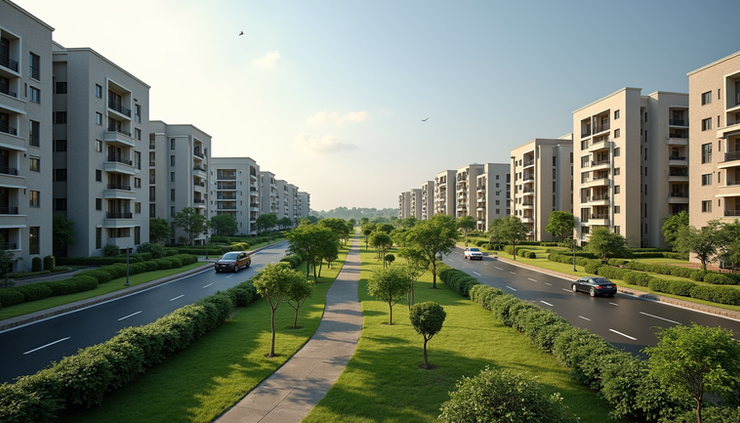 Eye-level view of a modern residential township with landscaped gardens and multi-storey buildings in Kadugodi Whitefield