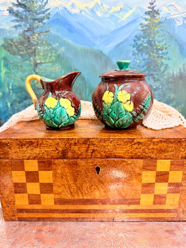 Antique English Majolica Miniature Pitcher & Creamer Set