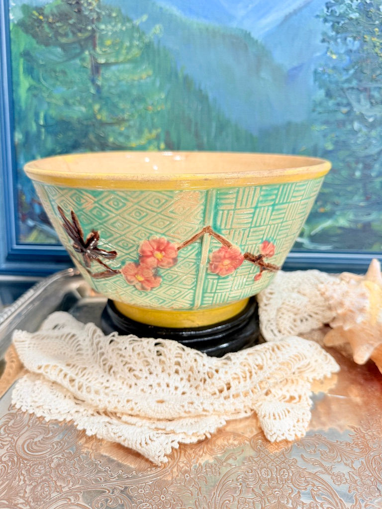 Rare Eureka Pottery Majolica Cherry Blossom Fruit Bowl