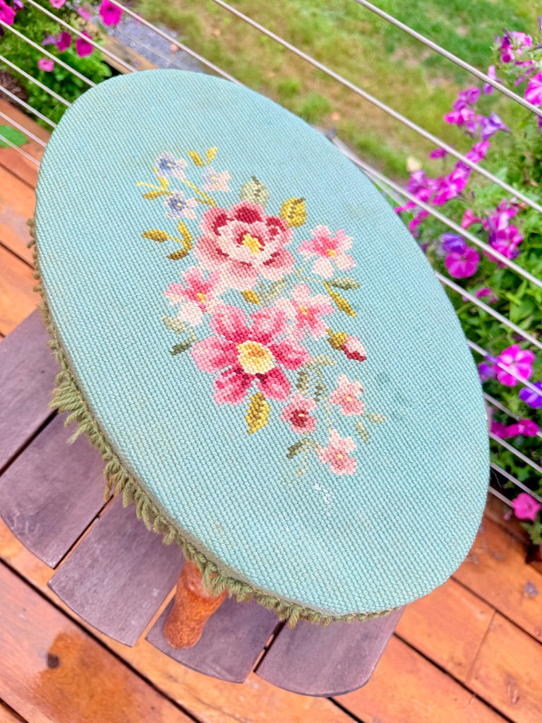 Thumbnail: Vintage Teal Floral Needlepoint Footstool