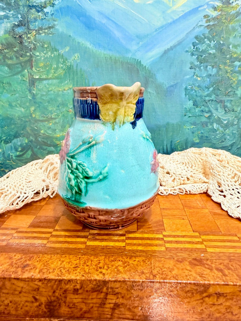 Thumbnail: Antique Majolica Teal & Cobalt Butterfly Spout Pitcher