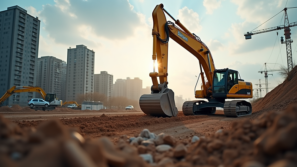 Eye-level view of a construction site with an excavator in action