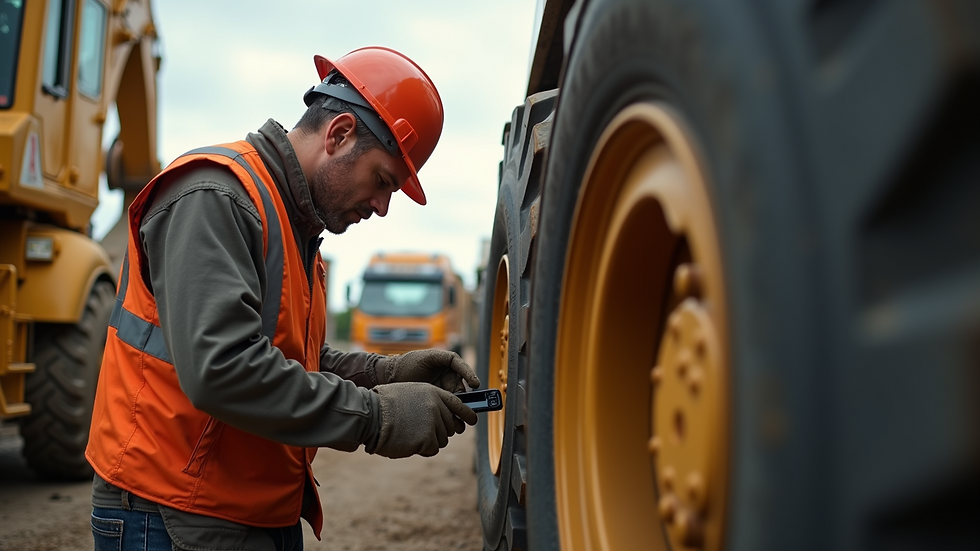 Close-up view of a construction worker inspecting heavy machinery