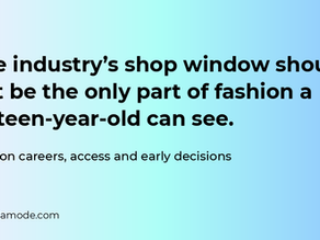 The industry's shop window should not be the only part of fashion a sixteen-year-old can see. Fashion careers, access and early decisions — article cover from Sim de la Mode, black text on a pastel gradient with the Sim de la Mode dress form logo.