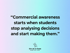 Commercial awareness in fashion education quote on Sim de la Mode gradient background