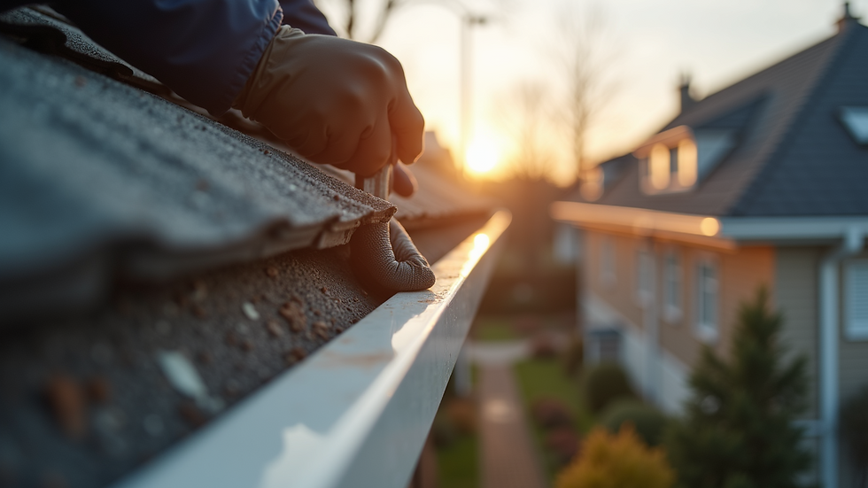 Eye-level view of a person inspecting gutters during maintenance