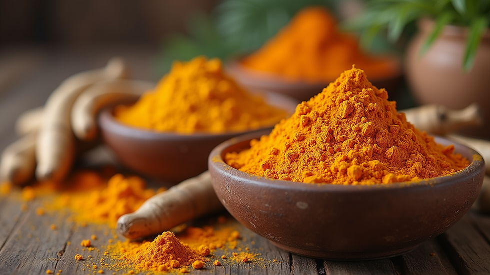 Eye-level view of dried turmeric roots and powder in rustic bowls