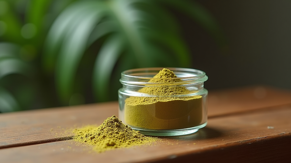 Eye-level view of kratom powder in a glass jar on a wooden table