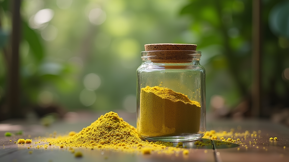 Eye-level view of kratom powder in a glass jar with natural light