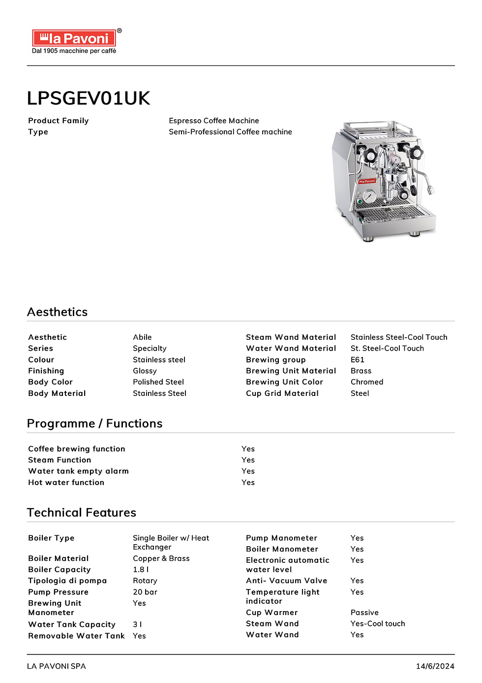 Thumbnail: La Pavoni Botticelli Evoluzione Domestic Coffee Machine LPSGEV01UK