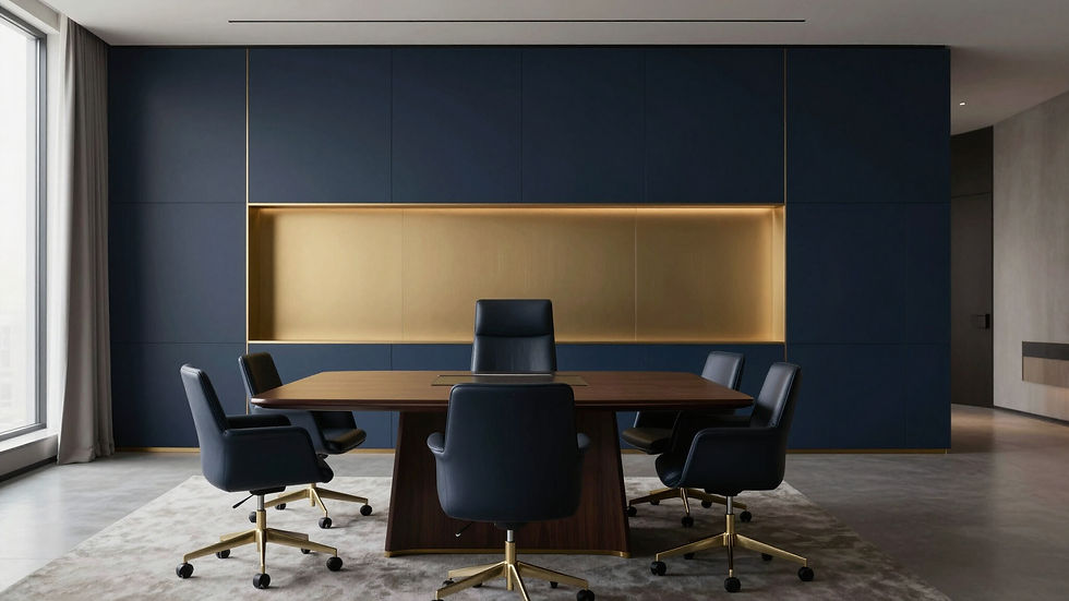 Modern executive meeting room with dark blue walls, gold accent niche, wooden table and leather chairs, wide landscape.