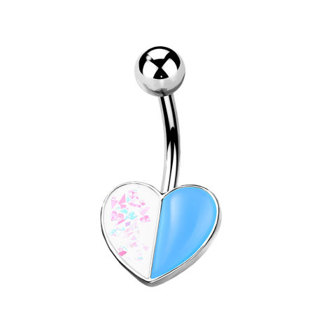 White Glitter and Blue Heart Shaped Navel Bar