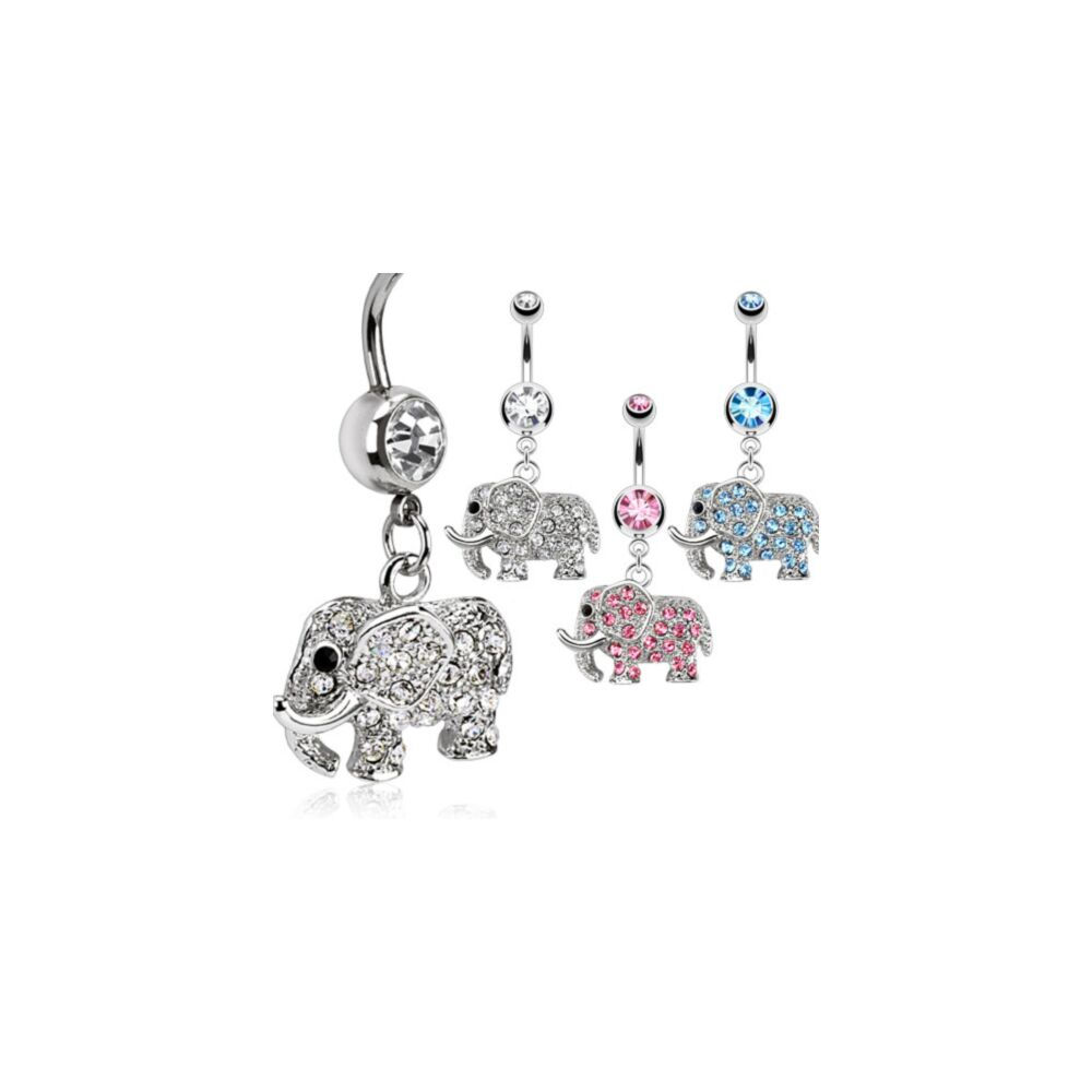 Multiple navel bars with gem elephant designs in colours clear, blue and pink