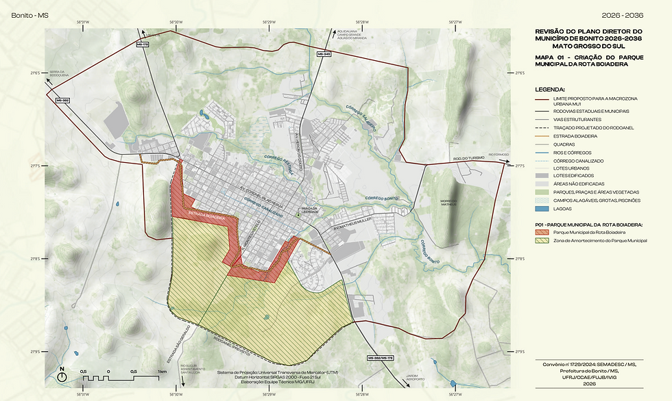 Novos parques urbanos para a cidade de Bonito: Parque da Rota Boiadeira e Parques Lineares (Bonito, Restinga e Saladeiro). Além disto, a criação de seis Portais de Acesso como marcas da conexão urbana com a paisagem natural.