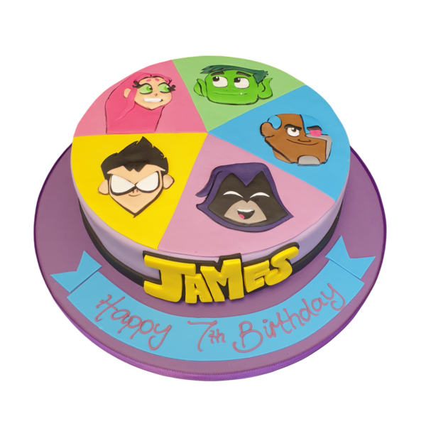Bespoke Teen Titans-themed cake with colorful character toppers, detailed icing, in Solihull, West Midlands.