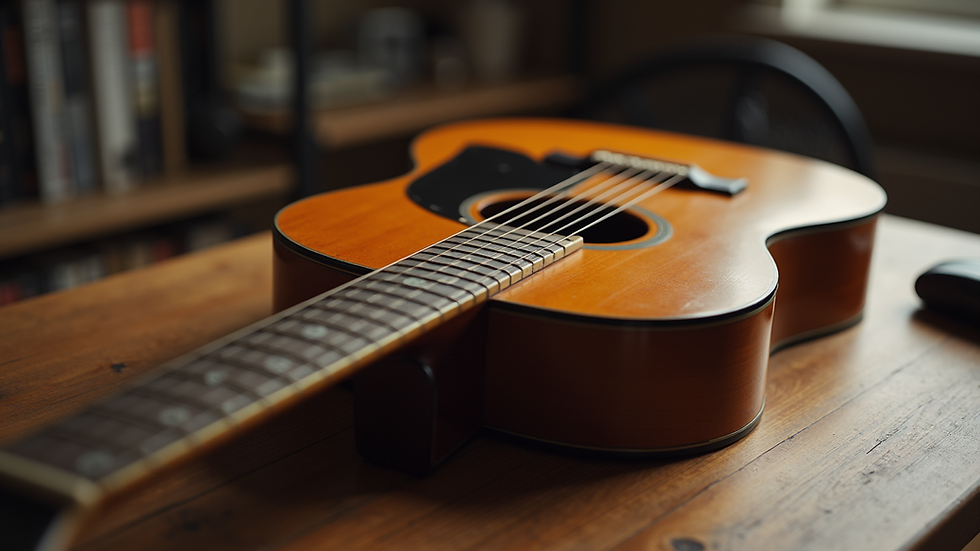 Close-up view of a vintage guitar resting on a wooden table