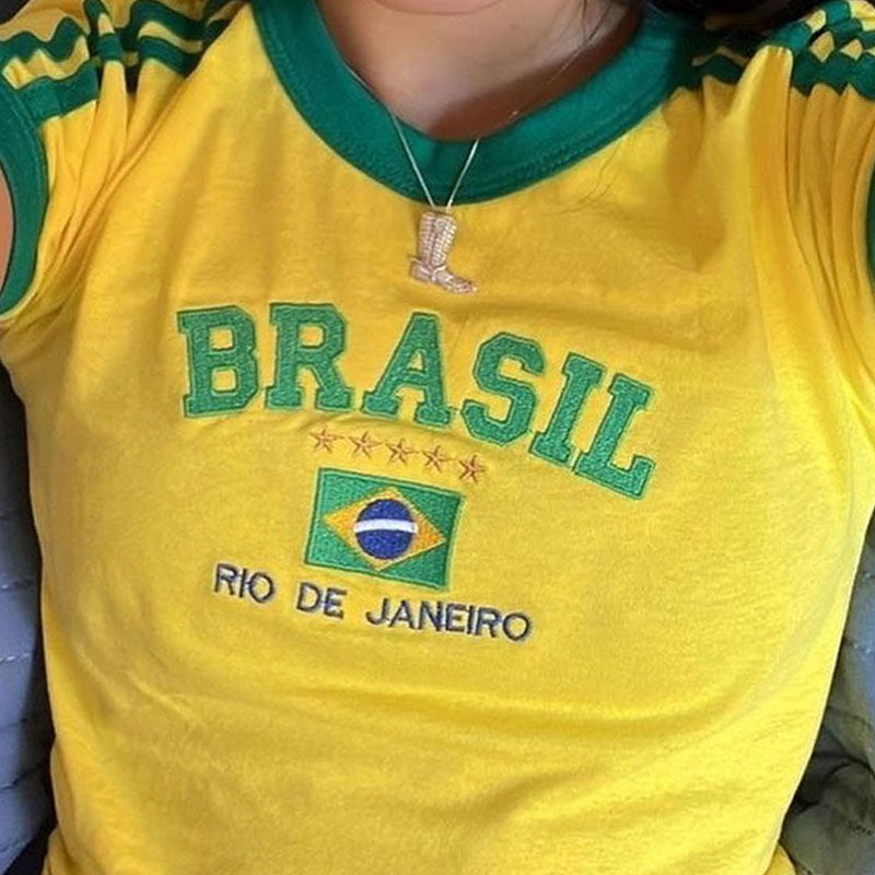 Thumbnail: Womens Aesthetic BRASIL Letter Print T-Shirt and Shorts Suit, Vintage Grunge  Sh