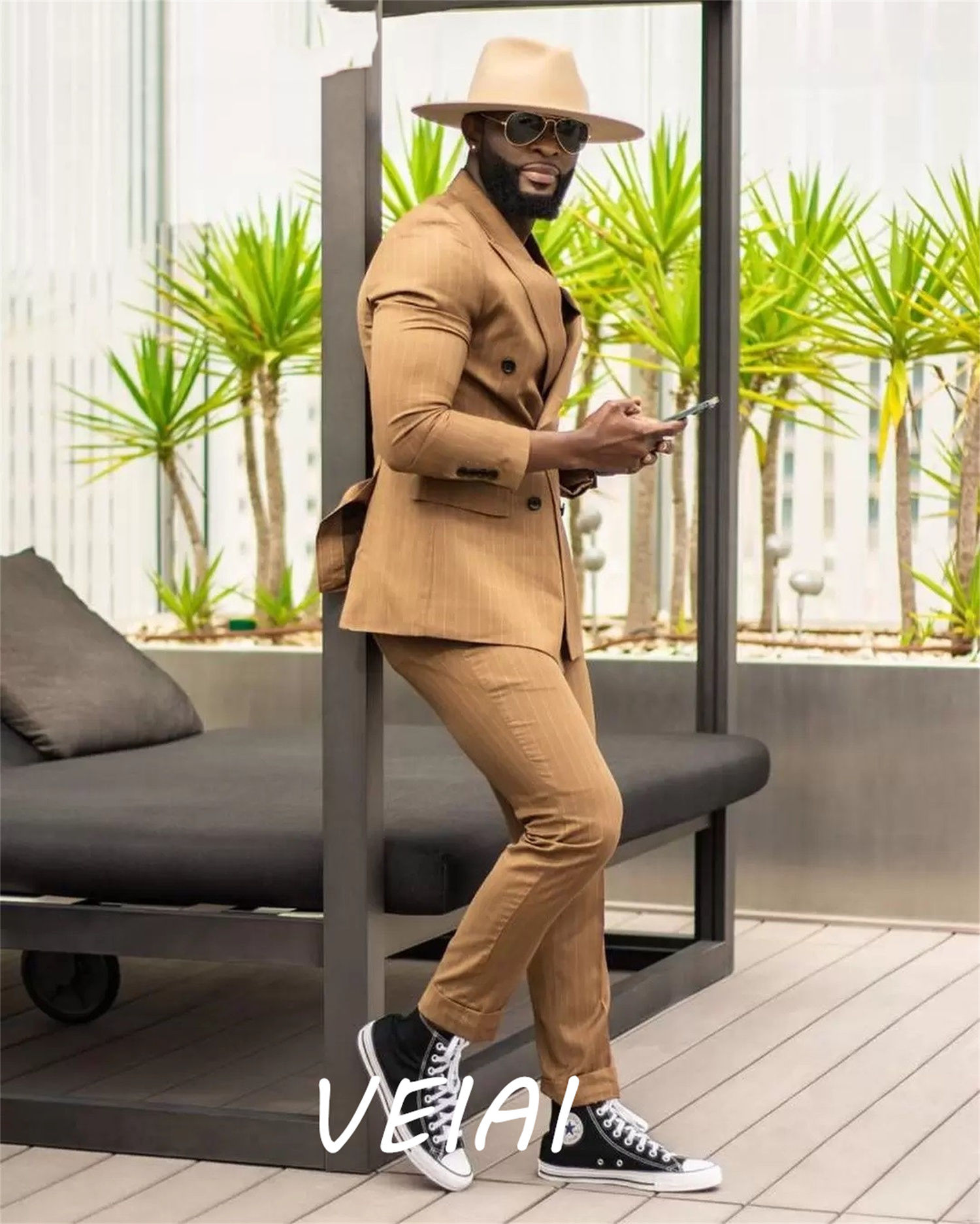 CustomizedKhaki Pinstripe Men Suits Peaked Lapel Double Breasted Blazer Sets Men