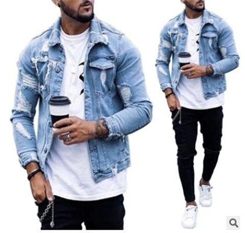 Fashion Men Jackets Spring Autumn New Lapel Men's Denim Jacket Holes Irregular W