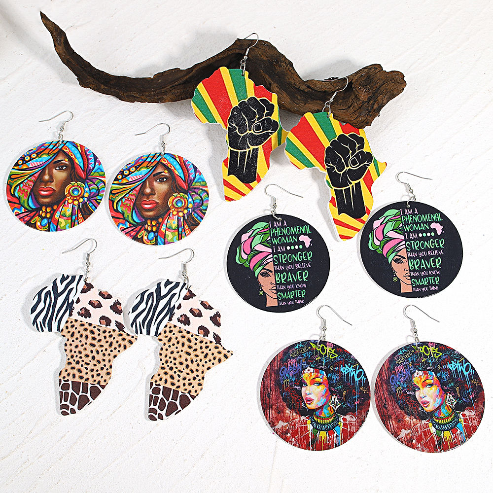 AENSOA Tribal Multicolor Wood Africa Map Shaped Drop Earrings For Women Painted 