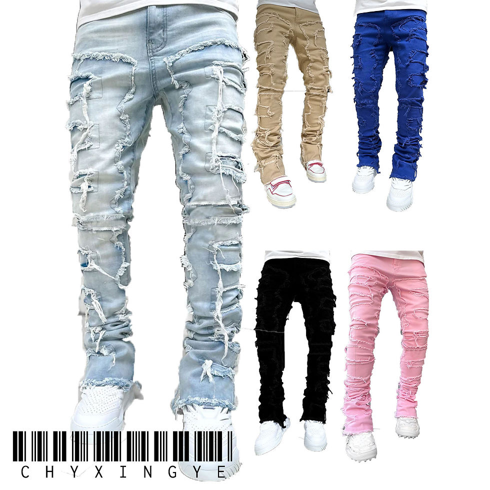 Thumbnail: Men's Regular Fit Stacked Jeans Ripped Slim Fit Patch Distressed Destroyed Strai
