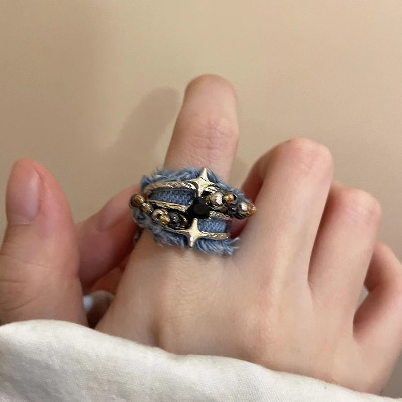 Thumbnail: Y2K Starry Beads Opening Rings for Women Heart Three Layer Denim Rings Adjustabl