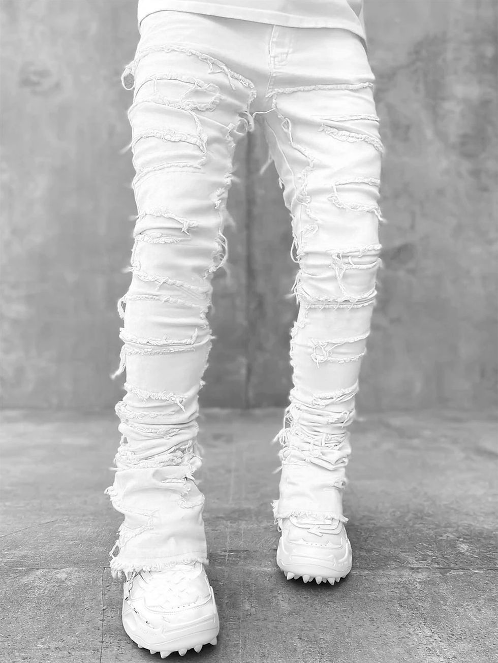 Thumbnail: Men's Regular Fit Stacked Jeans Ripped Slim Fit Patch Distressed Destroyed Strai
