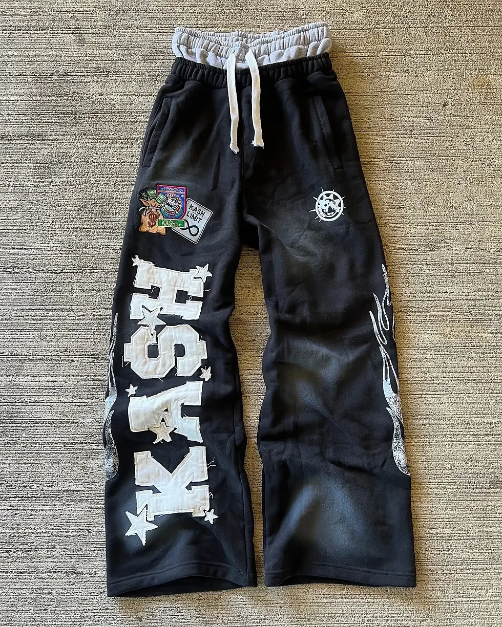 Thumbnail: American Letter Patch Retro Double Layer Design Y2K Pants Baggy Sweatpants Men H
