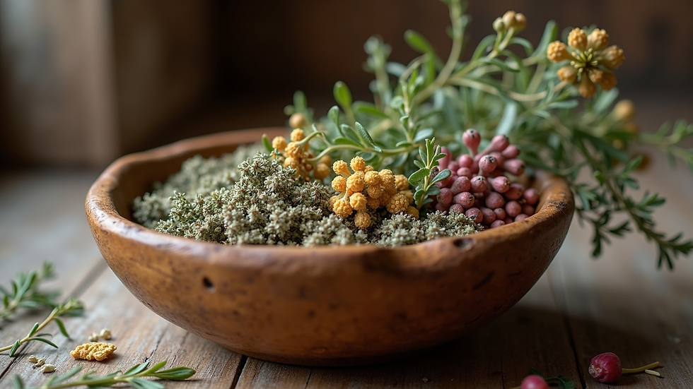 Close-up view of dried herbs and flowers arranged in a rustic wooden bowl