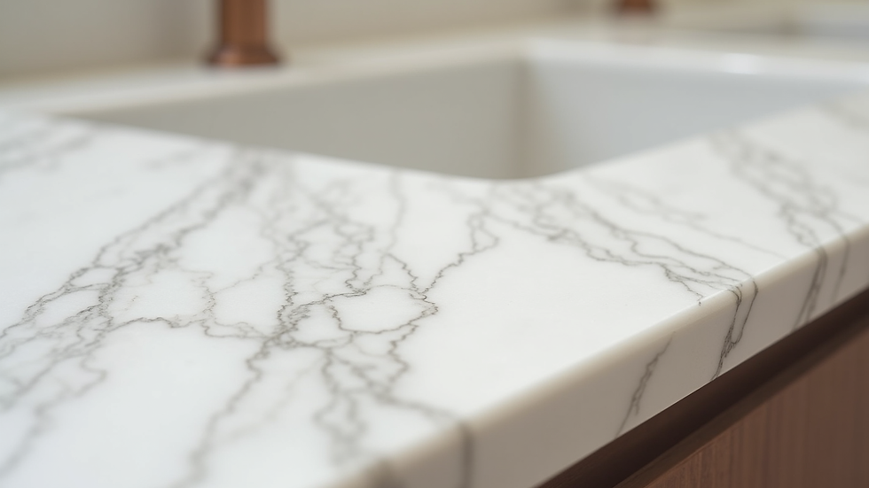 Close-up view of polished marble countertop with natural veining
