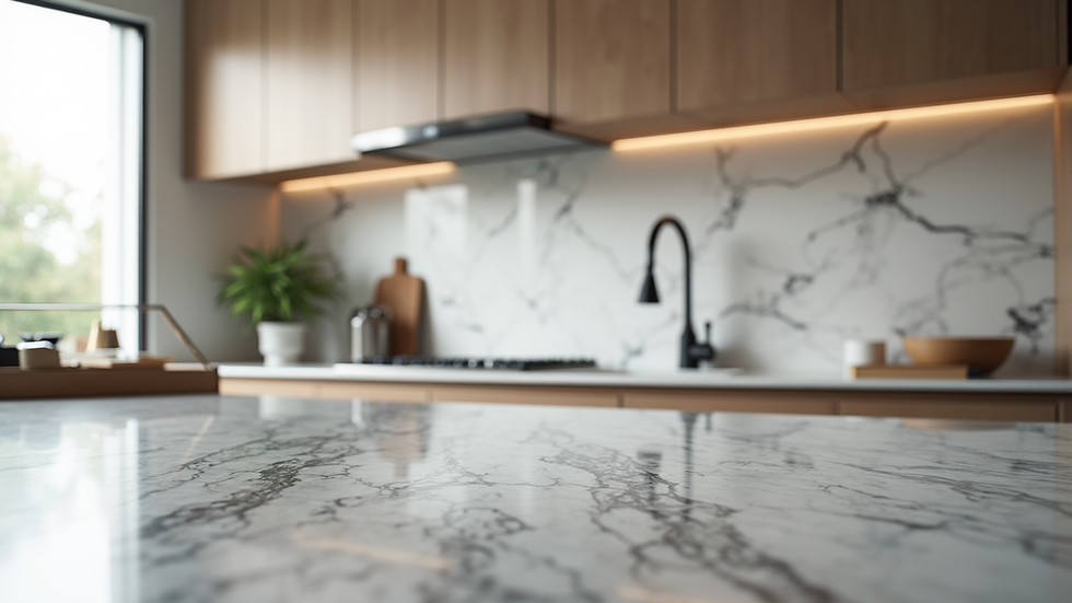 Eye-level view of a modern kitchen featuring granite countertops and marble backsplash