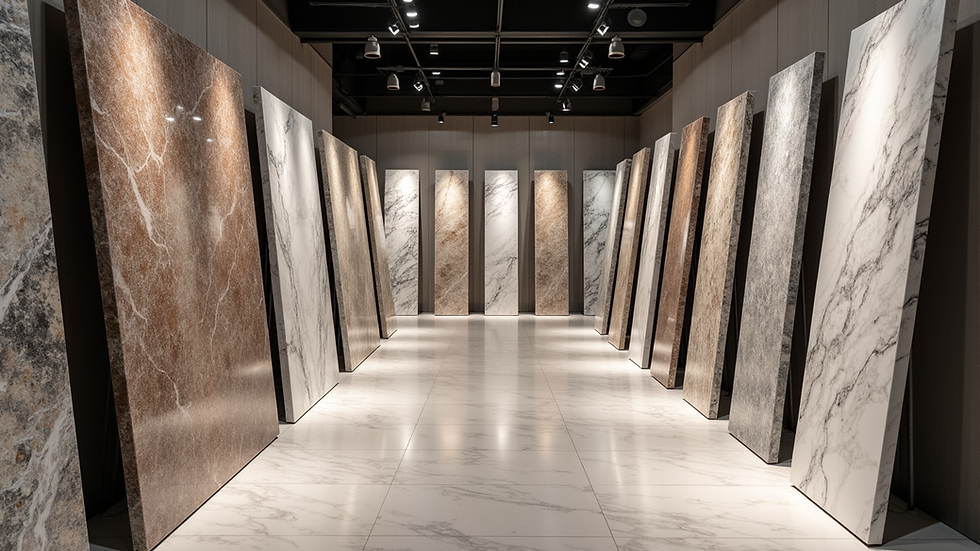 Eye-level view of a stone showroom displaying various granite slabs