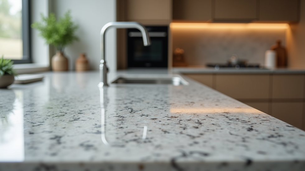 Close-up view of polished granite countertop in a modern kitchen