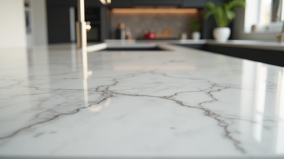 Close-up view of polished marble countertop in a modern kitchen